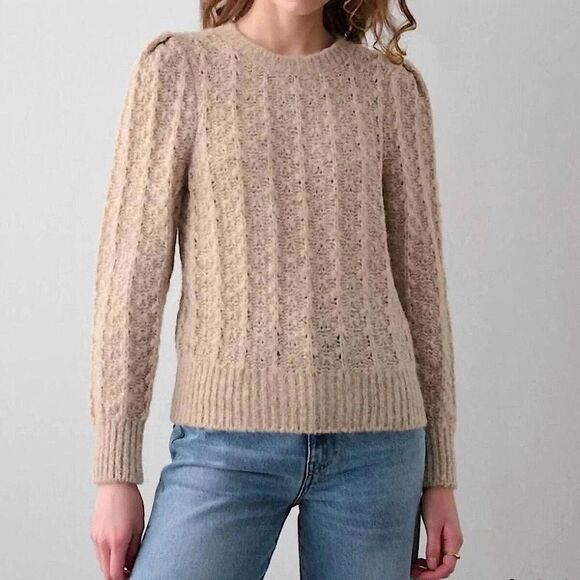 White + Warren Plush Tan Alpaca Wool Pointelle Knit Crewneck Sweater Size Medium - Picture 1 of 8